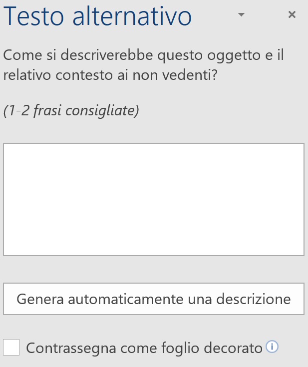 La finestra "testo alternativo" in Word.